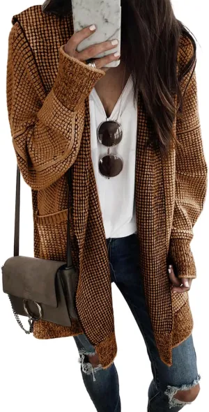 Sidefeel Women's Cardigan Sweaters Hooded Oversized Open Front Chunky Knit Plaid Sweater Coat Fall Fashion Tops