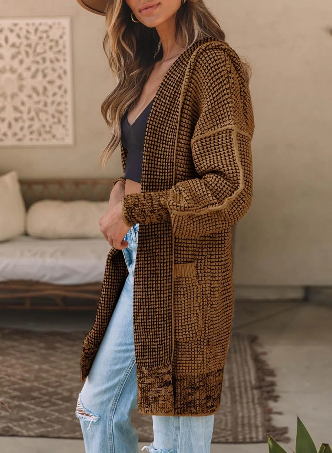 Sidefeel Women's Cardigan Sweaters Hooded Oversized Open Front Chunky Knit Plaid Sweater Coat Fall Fashion Tops