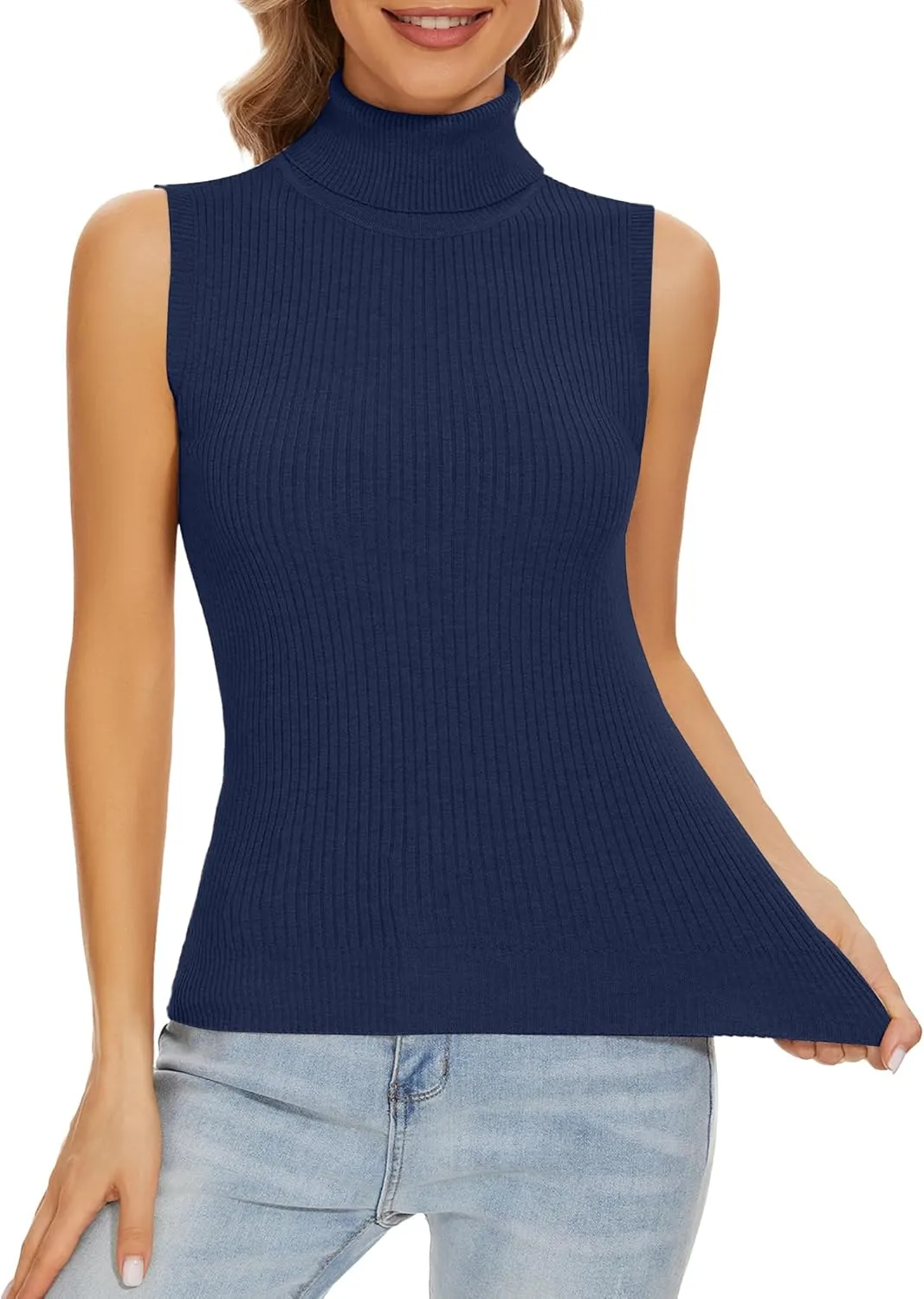 Sleeveless Turtlenecks for Women Lightweight Knit Sleeveless Vest Stretchy Turtleneck Tops