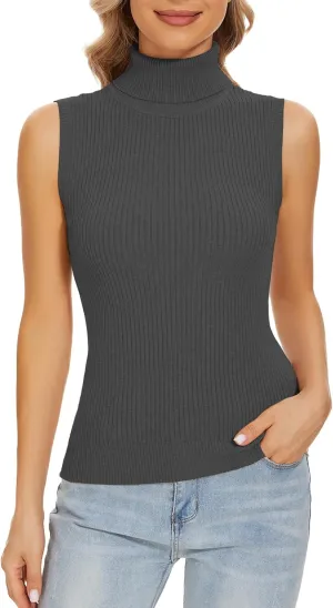 Sleeveless Turtlenecks for Women Lightweight Knit Sleeveless Vest Stretchy Turtleneck Tops