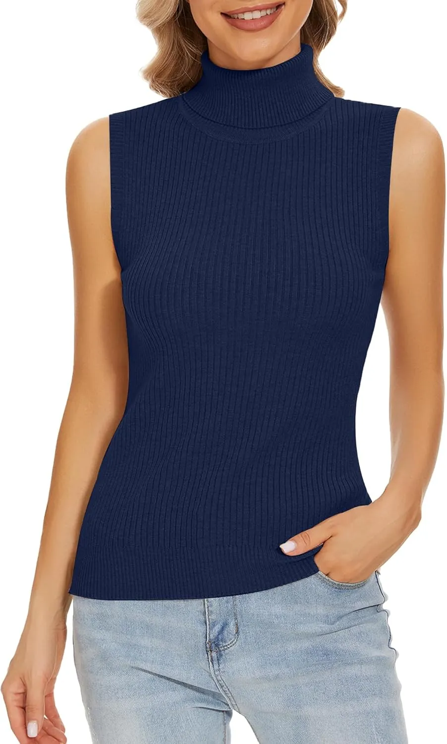 Sleeveless Turtlenecks for Women Lightweight Knit Sleeveless Vest Stretchy Turtleneck Tops