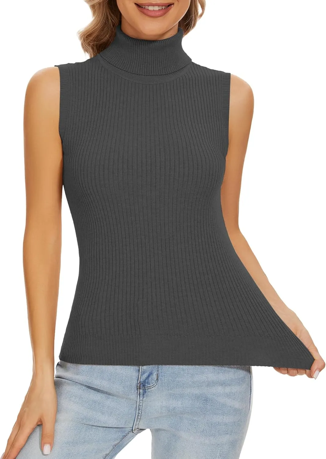 Sleeveless Turtlenecks for Women Lightweight Knit Sleeveless Vest Stretchy Turtleneck Tops