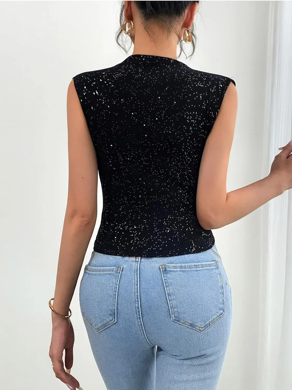 Summer Tops for Women V Neck Going Out Tops Stretchy Sequin Tank Sexy Casual Outfits 2025 Black