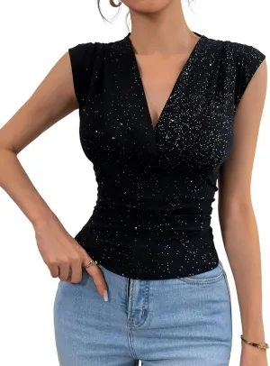 Summer Tops for Women V Neck Going Out Tops Stretchy Sequin Tank Sexy Casual Outfits 2025 Black
