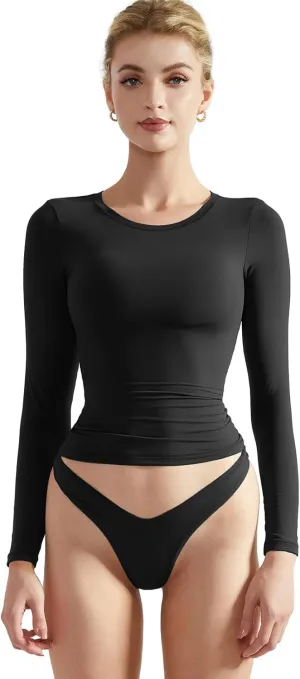 SUUKSESS Women Double Lined Fitted Basic T Shirts Crew Neck Long Sleeve Crop Top
