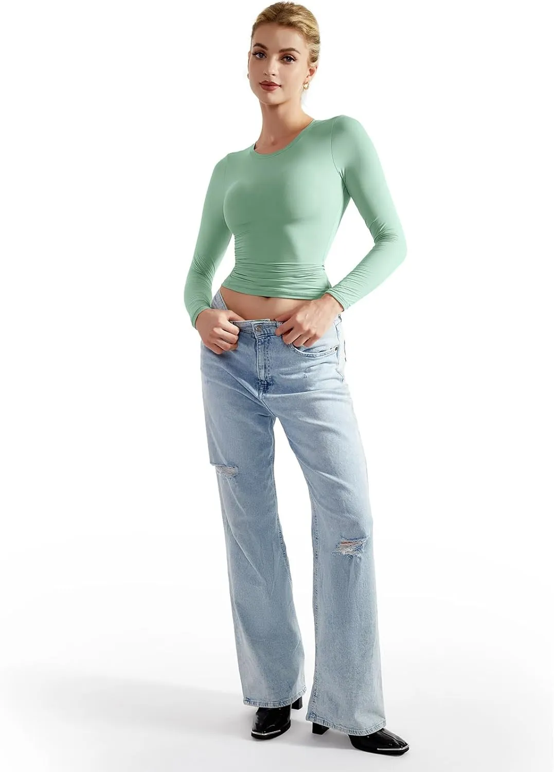 SUUKSESS Women Double Lined Fitted Basic T Shirts Crew Neck Long Sleeve Crop Top
