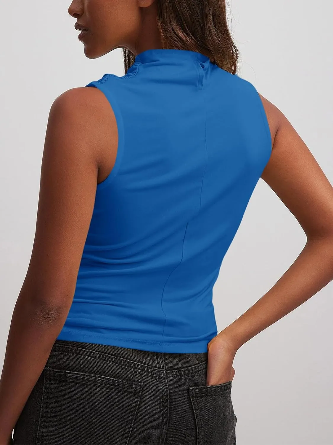 Tankaneo Womens Sleeveless Tank Tops Slim Fitted Mock Neck Draped Stretchy Summer Casual Ruched Tops