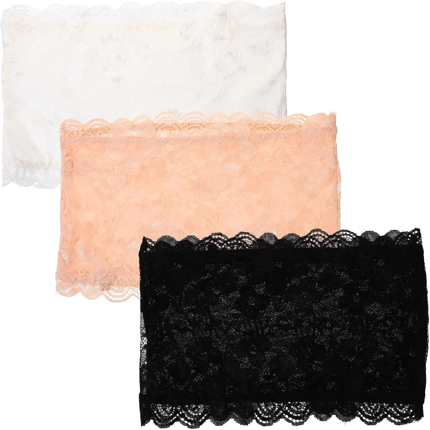 Tinksky 3pcs Women's Floral Lace Stretchy Strapless See Through Bandeau Tube Top with Bra - Size M.