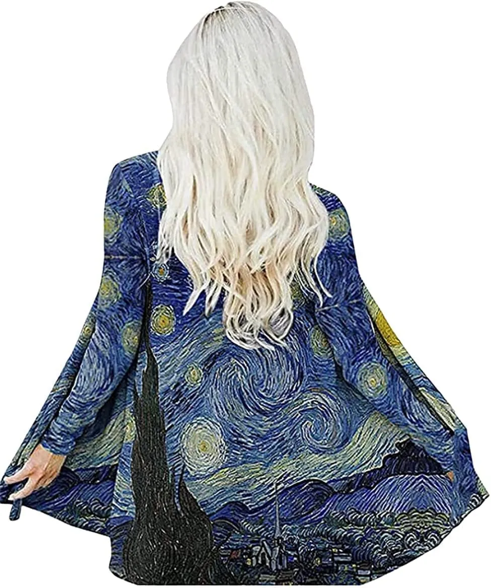Van Gogh Shirt Gifts Starry Night Long Open Front Lightweight Cardigans for Women Long Sleeve Summer Clothing