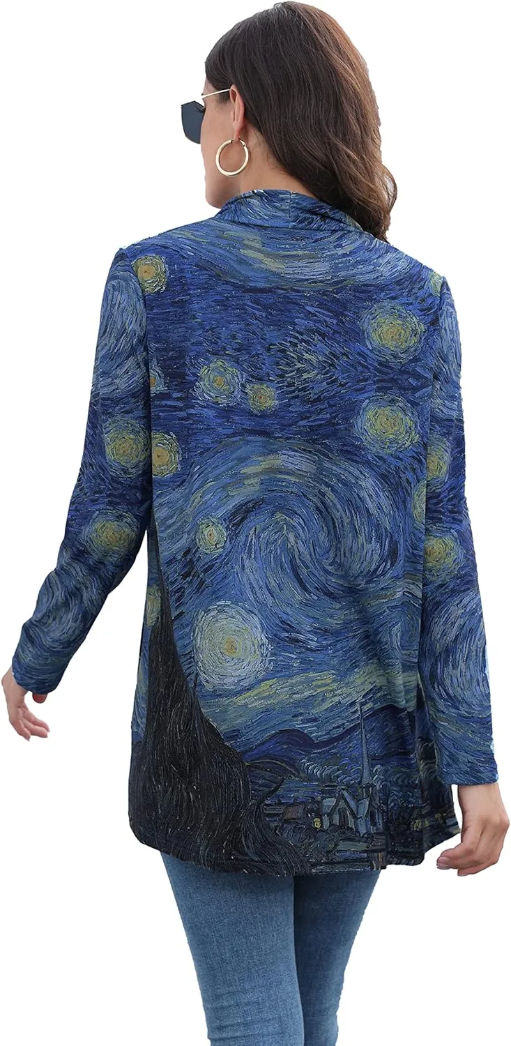 Van Gogh Shirt Gifts Starry Night Long Open Front Lightweight Cardigans for Women Long Sleeve Summer Clothing