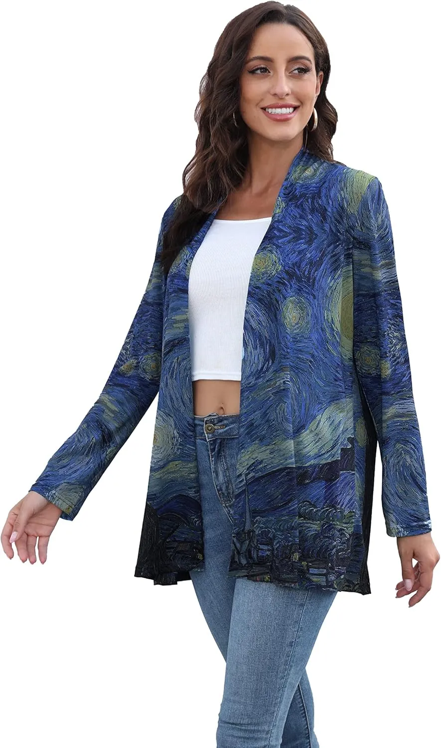 Van Gogh Shirt Gifts Starry Night Long Open Front Lightweight Cardigans for Women Long Sleeve Summer Clothing