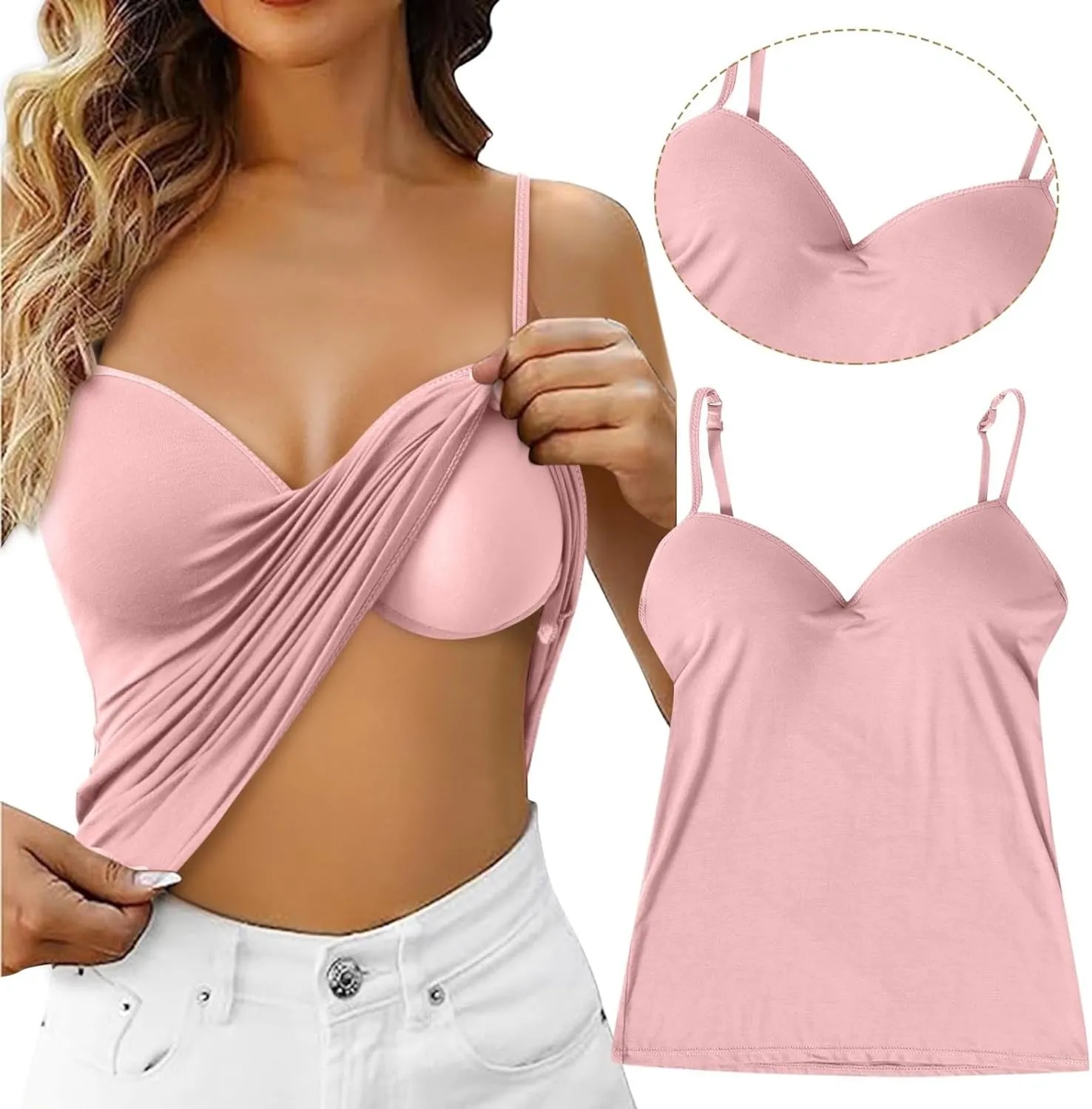 Vest Top with Built in Bra Women's Shelf Bra Camisole Tops Adjustable Spaghetti Strap Cami Tank Sleeveless Basic Undershirt