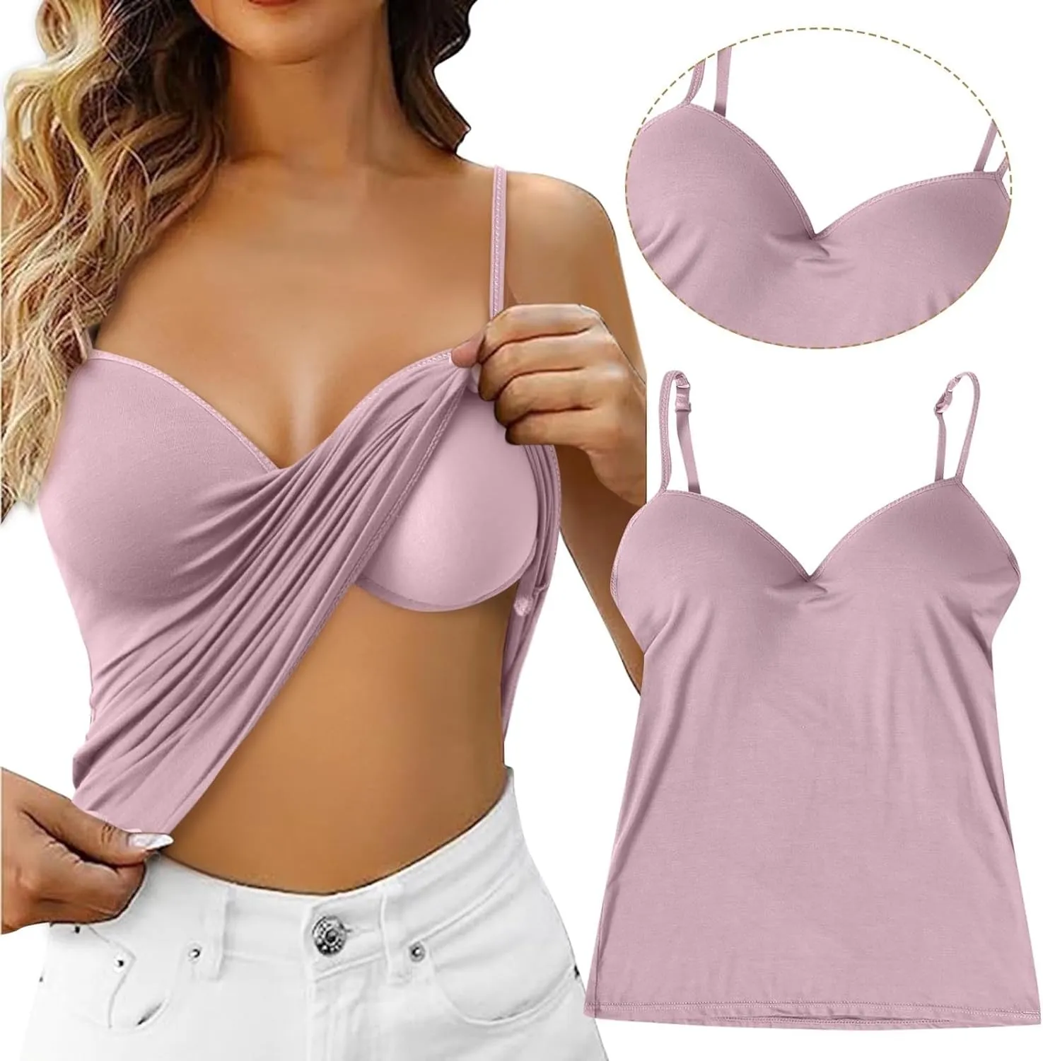 Vest Top with Built in Bra Women's Shelf Bra Camisole Tops Adjustable Spaghetti Strap Cami Tank Sleeveless Basic Undershirt