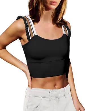 Wenlia Women's Cropped Tank Tops Sleeveless Stretchy Camisole Ruffle Wide Strap Cut Out Workout Gym Athletic Camis Shirt