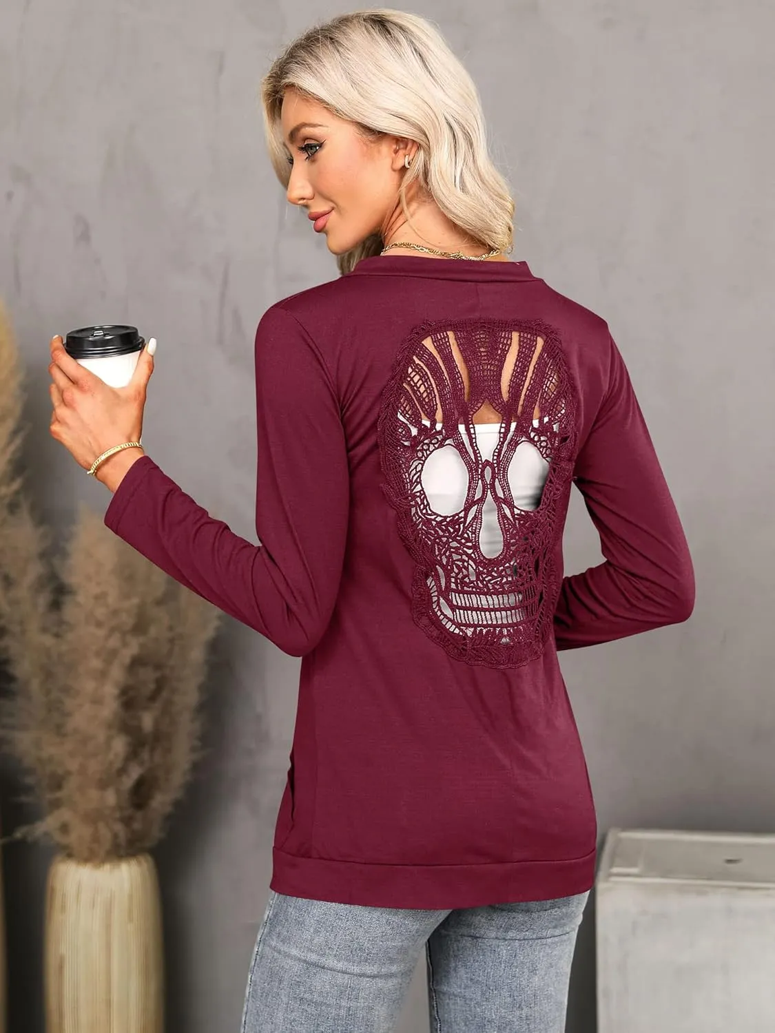 WLLW Womens Long Sleeve Open Front Back Cut Out Skull Cardigan Tops