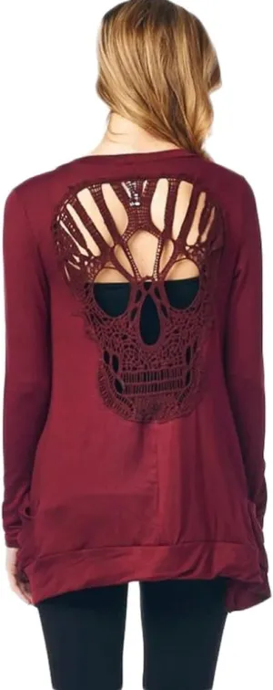 WLLW Womens Long Sleeve Open Front Back Cut Out Skull Cardigan Tops
