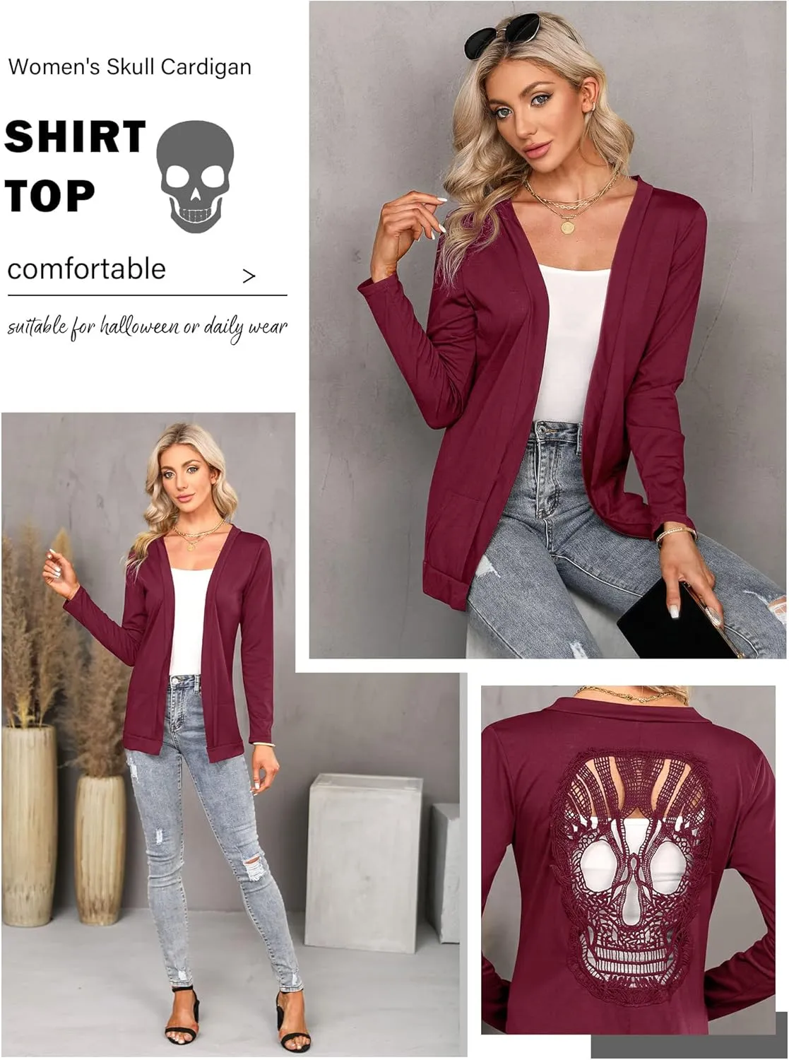 WLLW Womens Long Sleeve Open Front Back Cut Out Skull Cardigan Tops