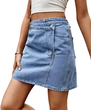 Women Sexy High Waisted Jean Skirt Stretchy Cute Mini Y2k Irregular Waist Denim Wrap Short Skirt