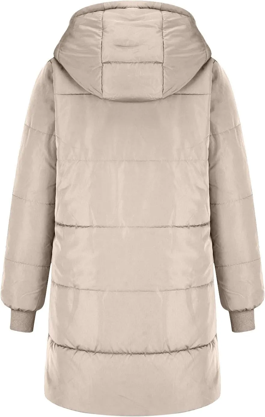 Women Winter Down Jacket Long Quilted Puffer Coat Warm Hooded Loose Fit Outerwear Fashion Casual Reversible Jacket