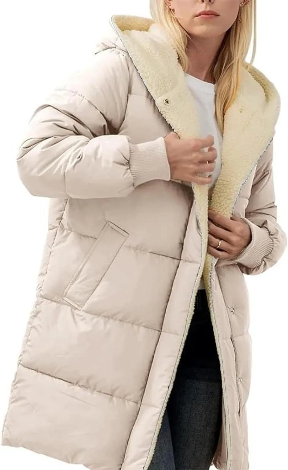 Women Winter Down Jacket Long Quilted Puffer Coat Warm Hooded Loose Fit Outerwear Fashion Casual Reversible Jacket