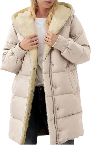 Women Winter Down Jacket Long Quilted Puffer Coat Warm Hooded Loose Fit Outerwear Fashion Casual Reversible Jacket