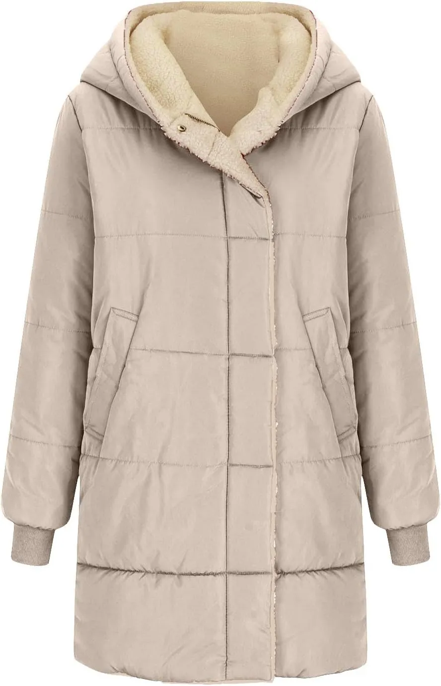 Women Winter Down Jacket Long Quilted Puffer Coat Warm Hooded Loose Fit Outerwear Fashion Casual Reversible Jacket