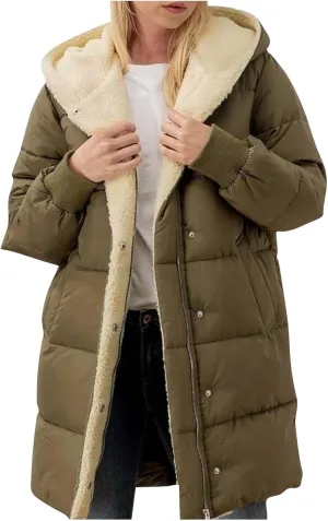Women Winter Down Jacket Long Quilted Puffer Coat Warm Hooded Loose Fit Outerwear Fashion Casual Reversible Jacket