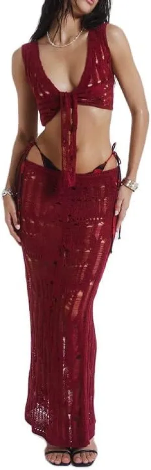 Women Y2K Ruffle 2 Piece Skirt Set Sleeveless Tube Crop Top Y2k Sexy Mesh See Through Cutout Maxi Skirt Clubwear
