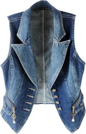 Women's All Season Denim Vest Sleeveless Casual Short Jeans Waistcoat Jacket