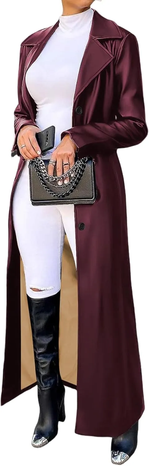 Women's Casual Faux Leather Jacket Lapel Long Sleeve Button Up Pu Long Trench Coat Windbreaker