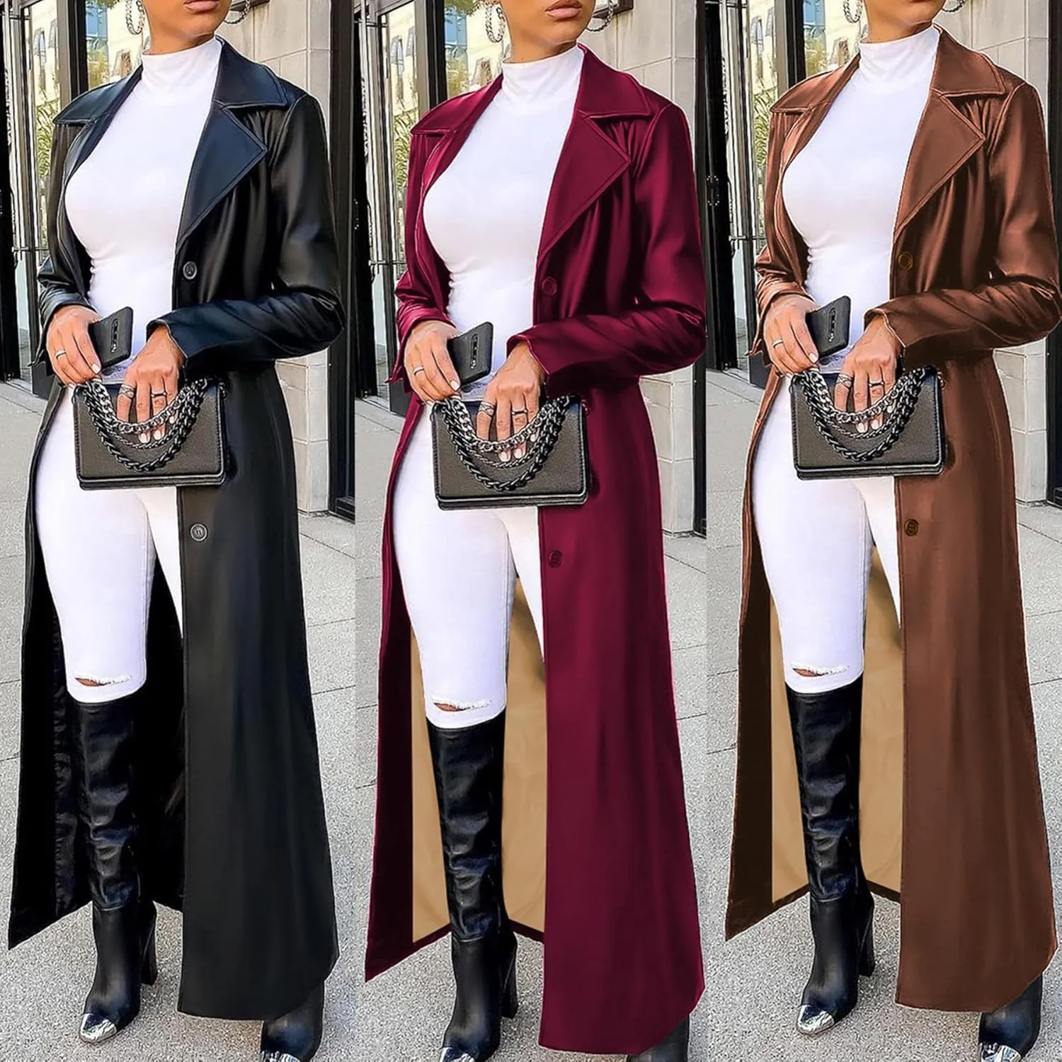 Women's Casual Faux Leather Jacket Lapel Long Sleeve Button Up Pu Long Trench Coat Windbreaker