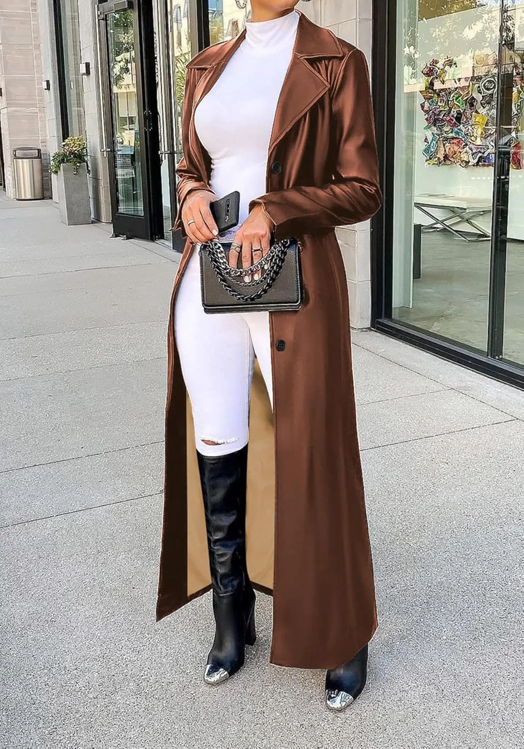 Women's Casual Faux Leather Jacket Lapel Long Sleeve Button Up Pu Long Trench Coat Windbreaker