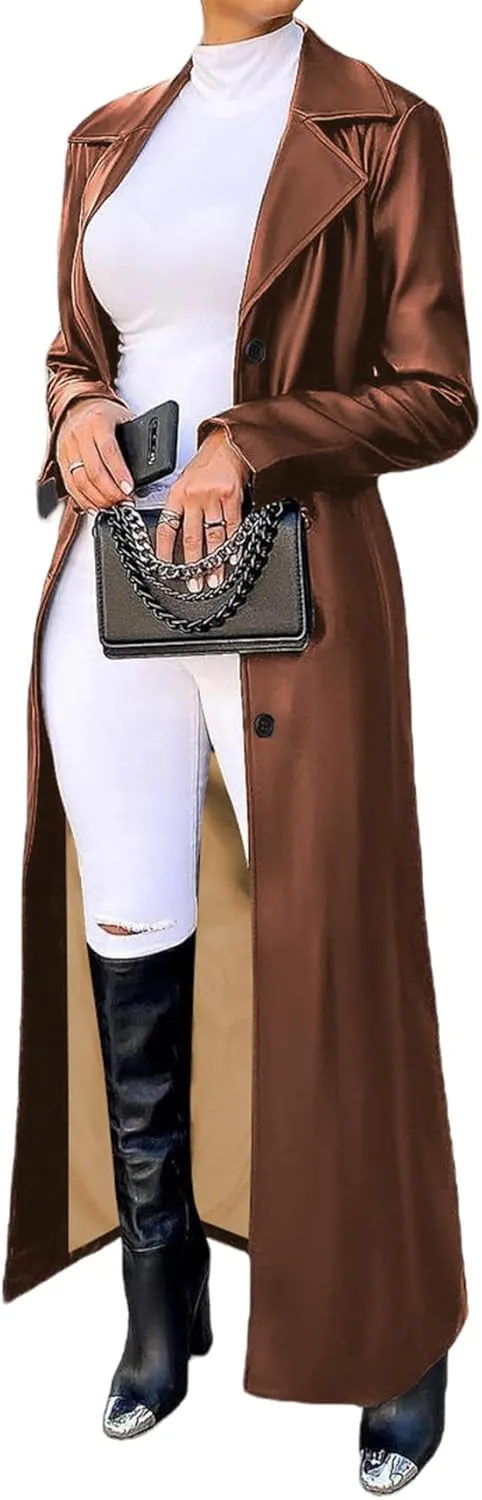 Women's Casual Faux Leather Jacket Lapel Long Sleeve Button Up Pu Long Trench Coat Windbreaker