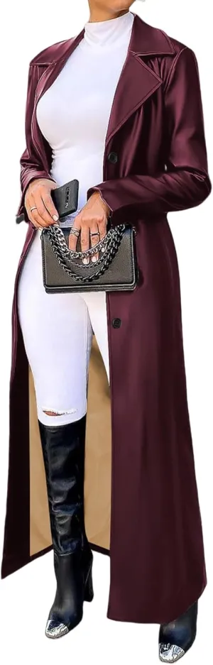Women's Casual Faux Leather Jacket Lapel Long Sleeve Button Up Pu Long Trench Coat Windbreaker