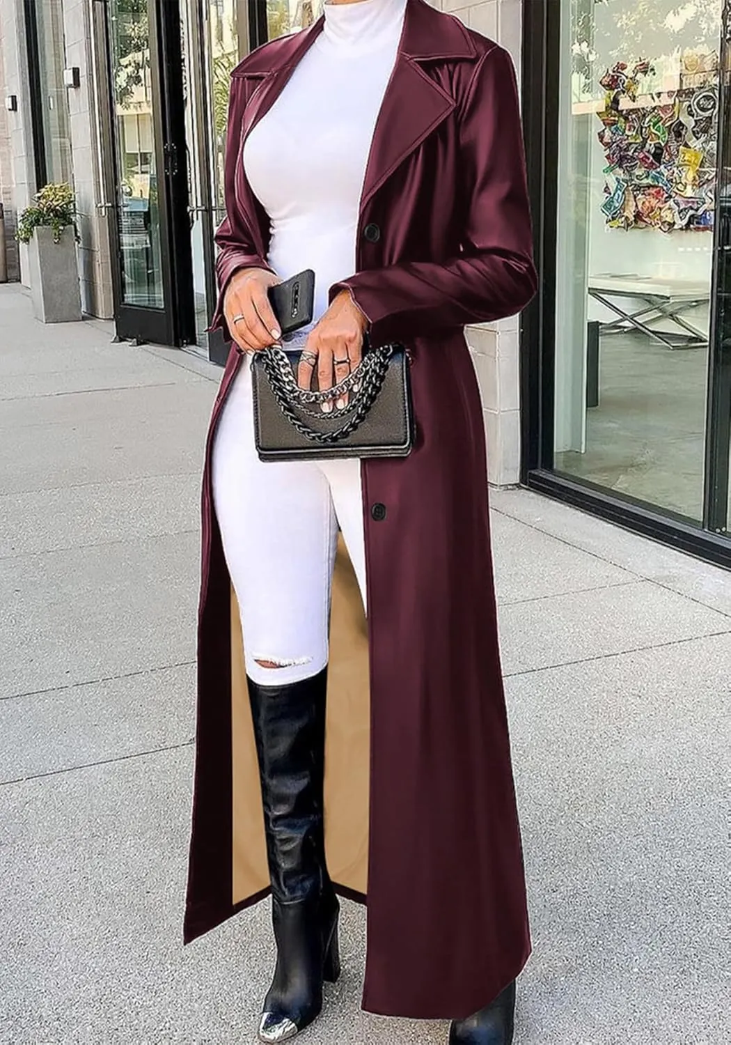 Women's Casual Faux Leather Jacket Lapel Long Sleeve Button Up Pu Long Trench Coat Windbreaker