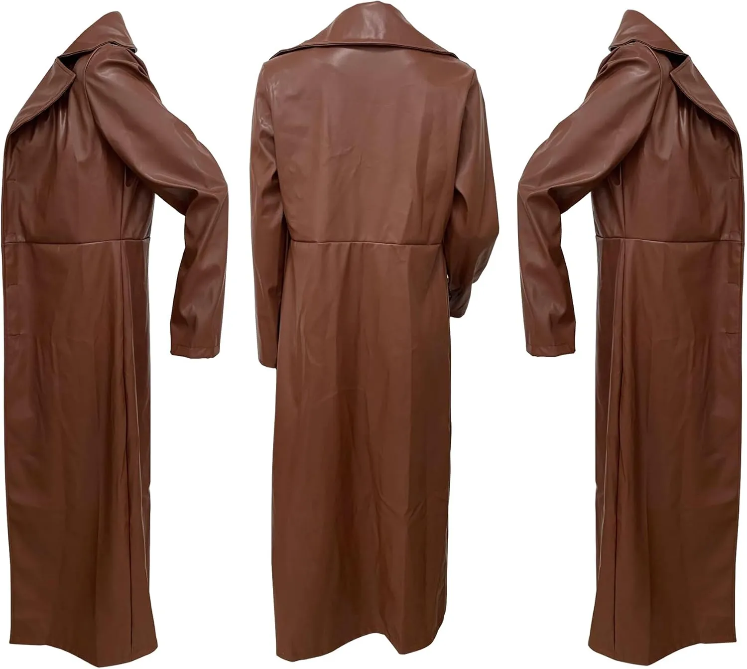Women's Casual Faux Leather Jacket Lapel Long Sleeve Button Up Pu Long Trench Coat Windbreaker