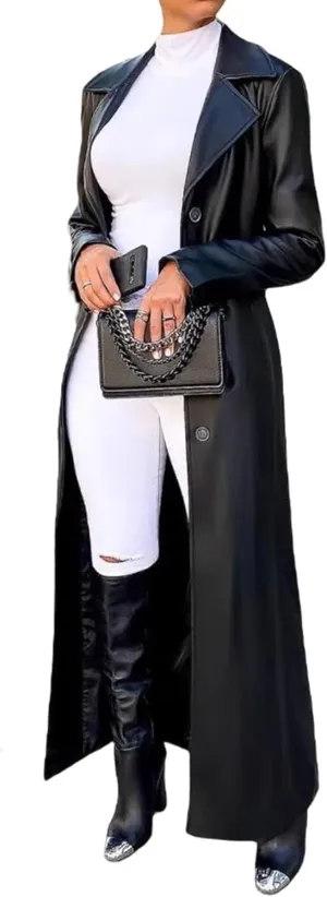 Women's Casual Faux Leather Jacket Lapel Long Sleeve Button Up Pu Long Trench Coat Windbreaker