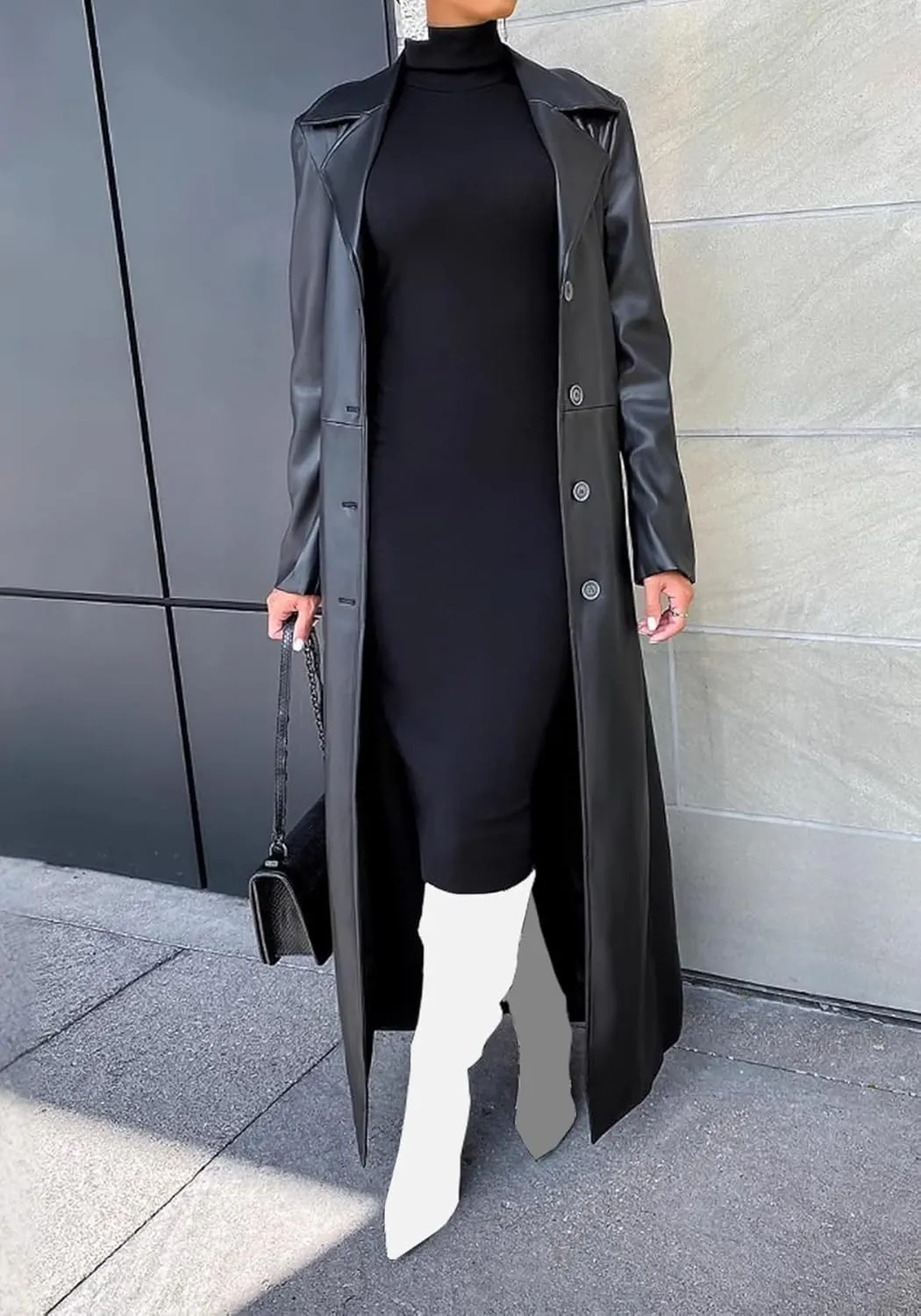 Women's Casual Faux Leather Jacket Lapel Long Sleeve Button Up Pu Long Trench Coat Windbreaker