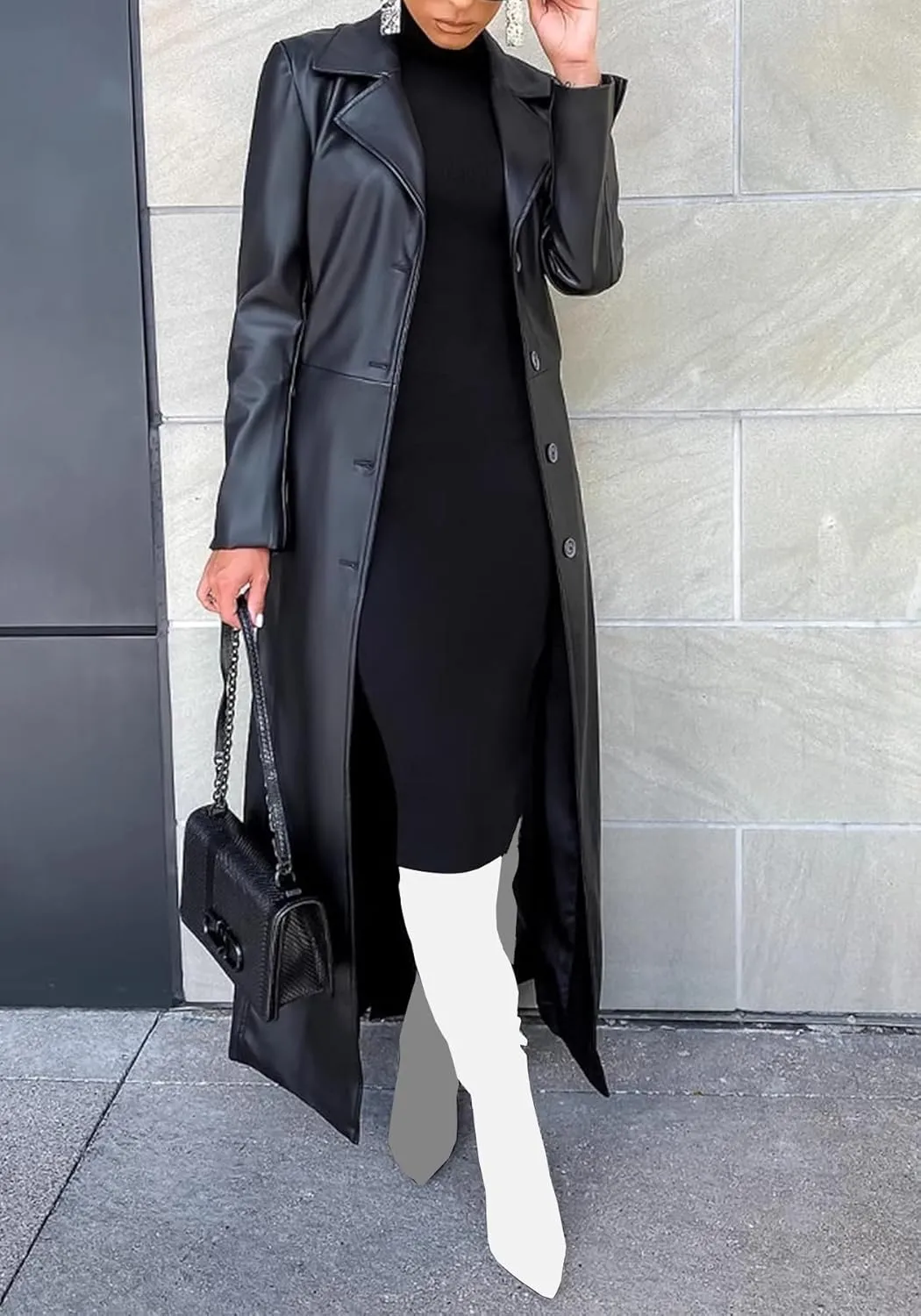 Women's Casual Faux Leather Jacket Lapel Long Sleeve Button Up Pu Long Trench Coat Windbreaker