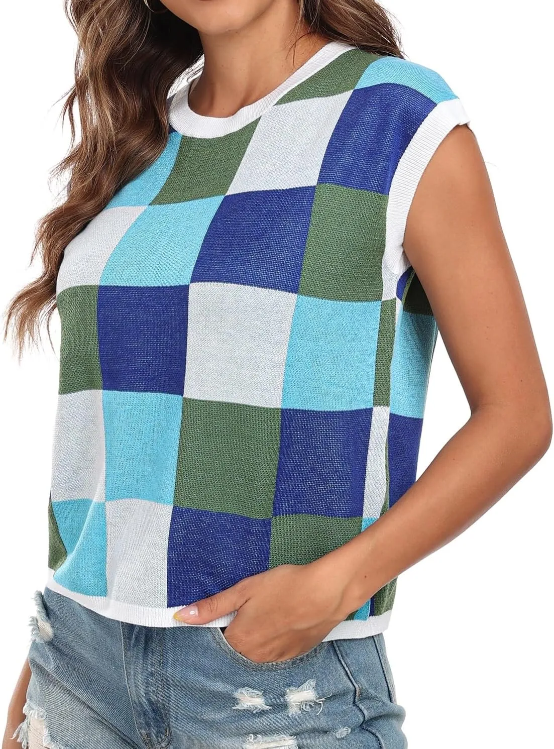 Women's Crop Tops Cap Sleeve Crew Neck Color Block Going Out Lightweight Sweater Tops