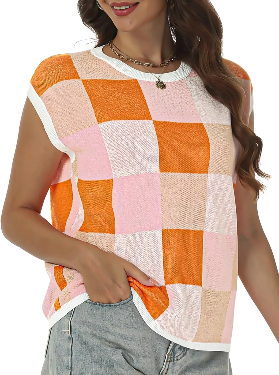Women's Crop Tops Cap Sleeve Crew Neck Color Block Going Out Lightweight Sweater Tops