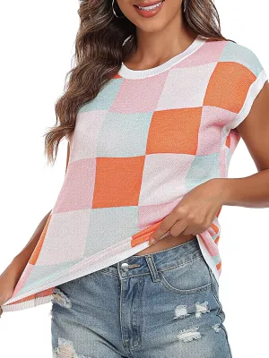 Women's Crop Tops Cap Sleeve Crew Neck Color Block Going Out Lightweight Sweater Tops