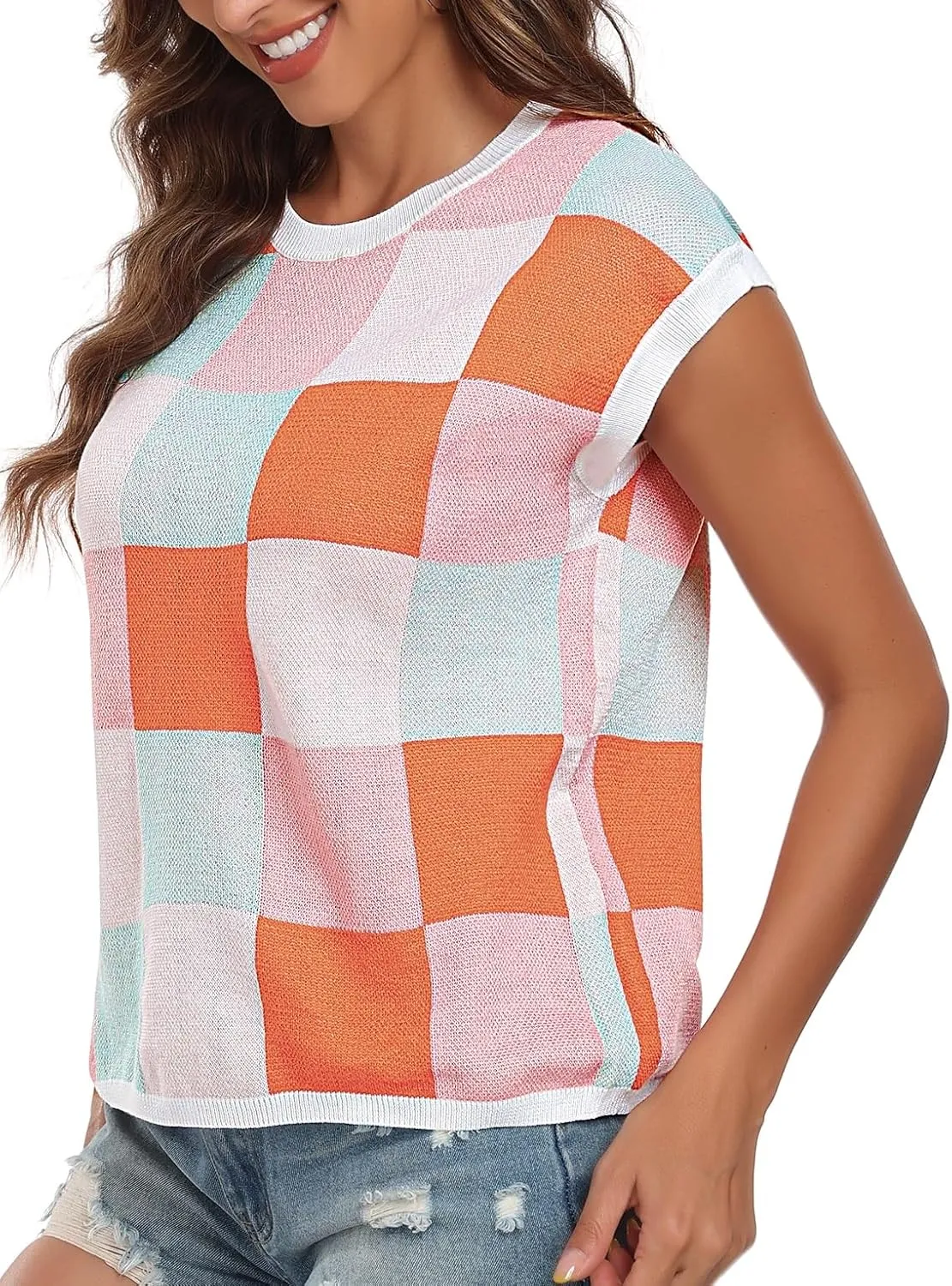 Women's Crop Tops Cap Sleeve Crew Neck Color Block Going Out Lightweight Sweater Tops