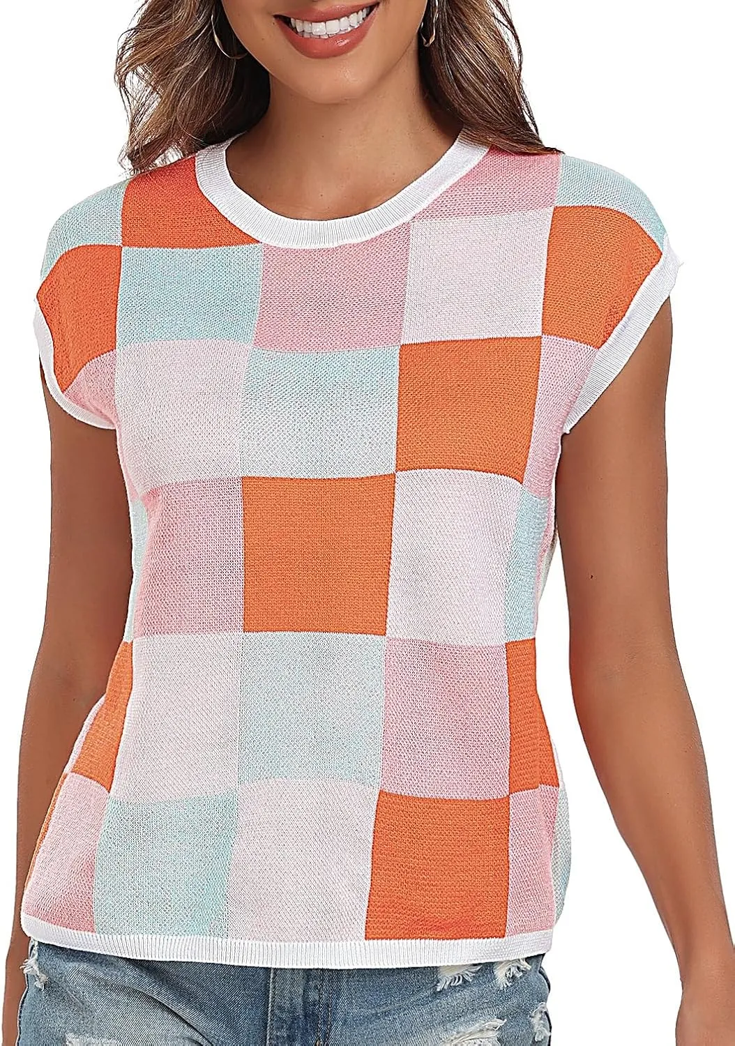 Women's Crop Tops Cap Sleeve Crew Neck Color Block Going Out Lightweight Sweater Tops