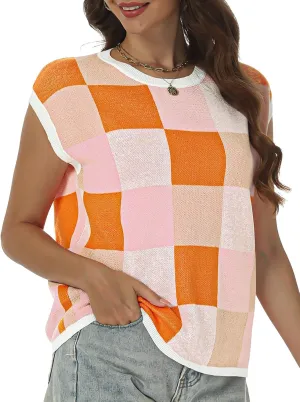 Women's Crop Tops Cap Sleeve Crew Neck Color Block Going Out Lightweight Sweater Tops