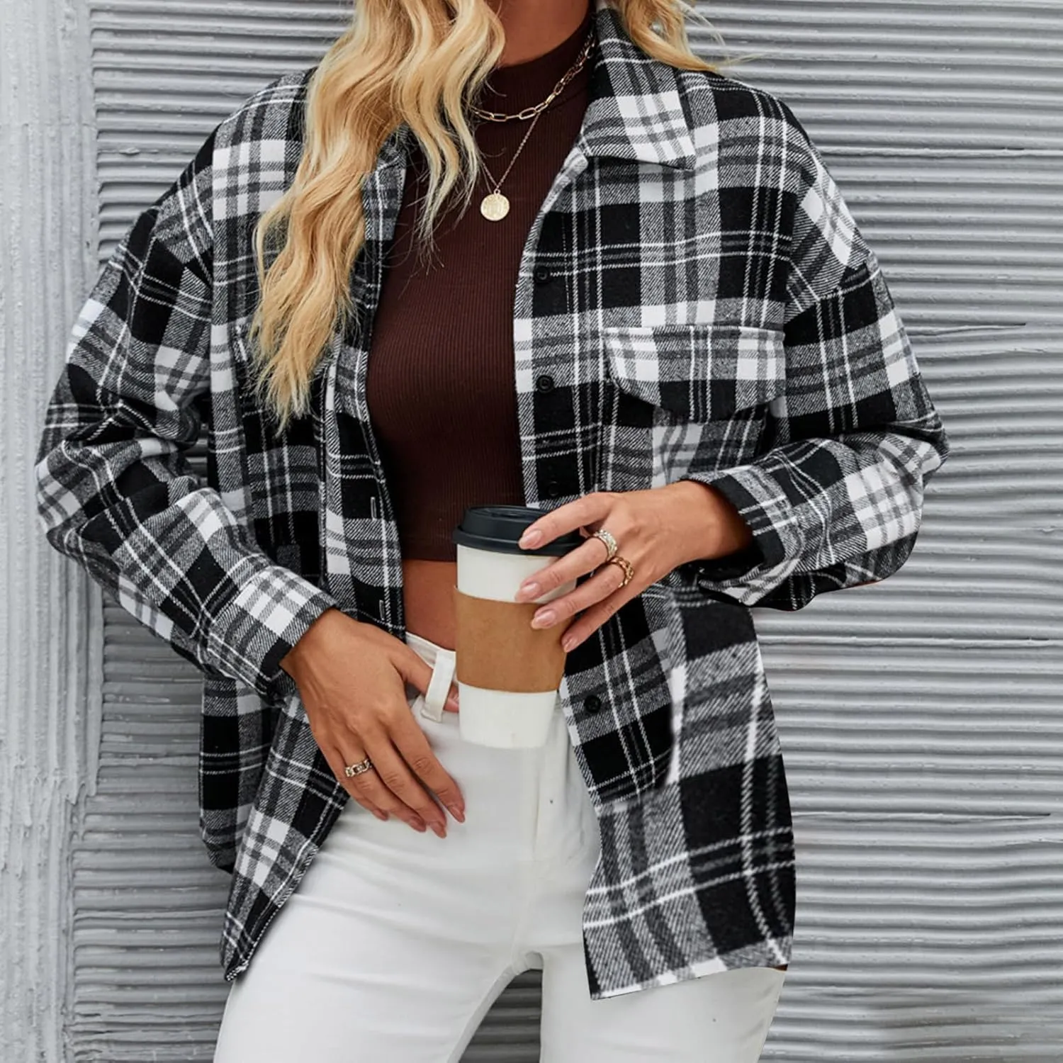 Womens Fashion Plaid Shacket Button Down Long Sleeve Shirts Casual Loose Fit Jacket Womens Tops Spring Fall Outfits