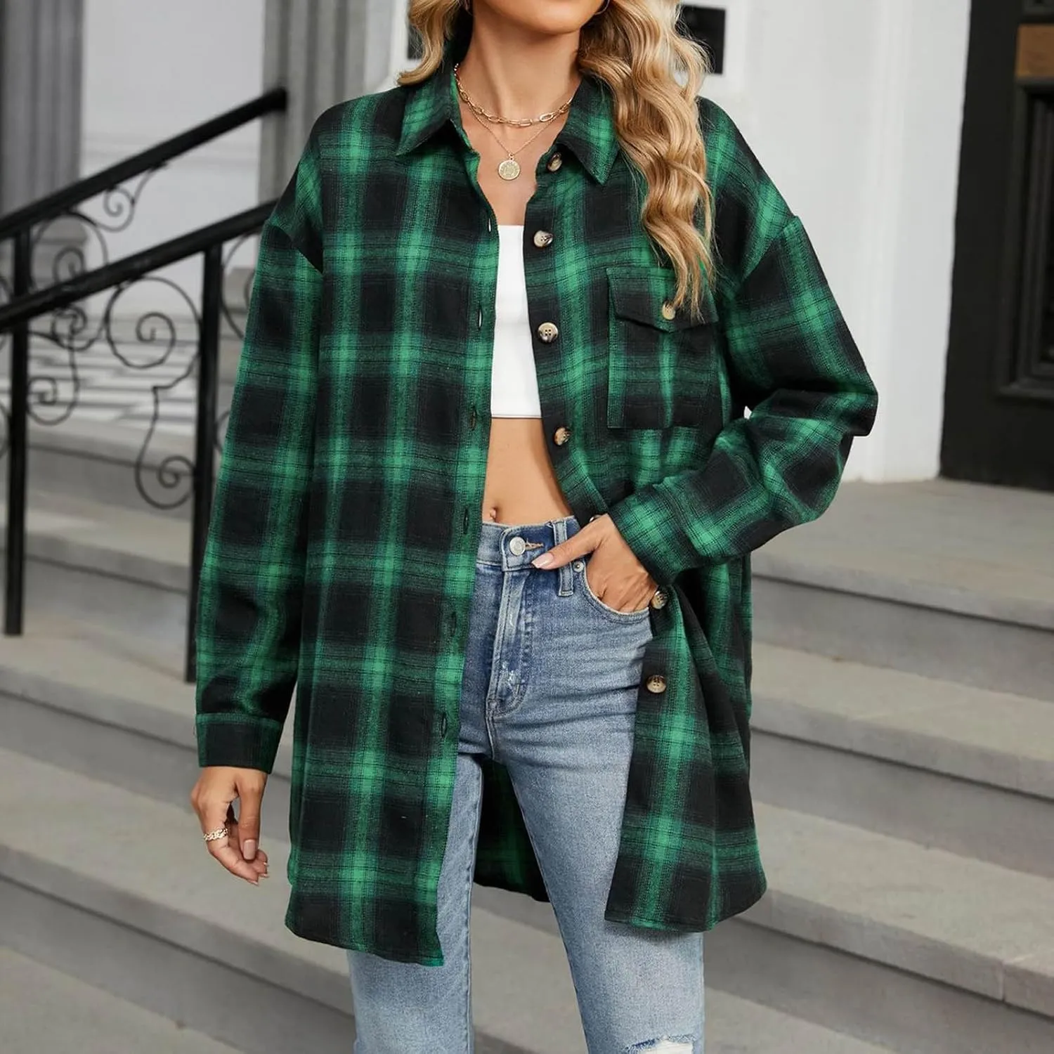 Womens Fashion Plaid Shacket Button Down Long Sleeve Shirts Casual Loose Fit Jacket Womens Tops Spring Fall Outfits