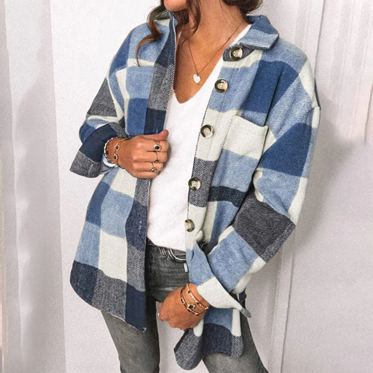 Womens Fashion Plaid Shacket Button Down Long Sleeve Shirts Casual Loose Fit Jacket Womens Tops Spring Fall Outfits