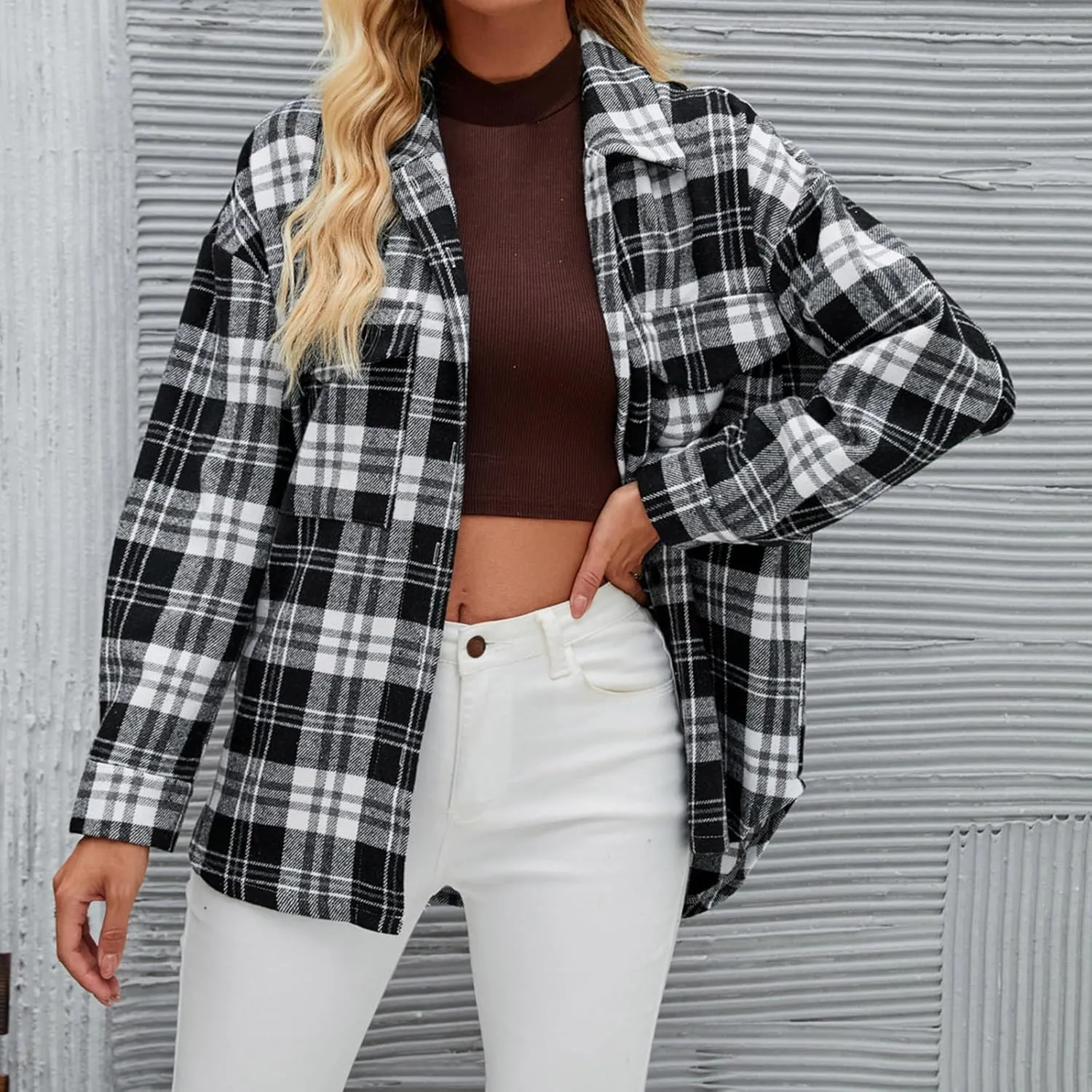 Womens Fashion Plaid Shacket Button Down Long Sleeve Shirts Casual Loose Fit Jacket Womens Tops Spring Fall Outfits