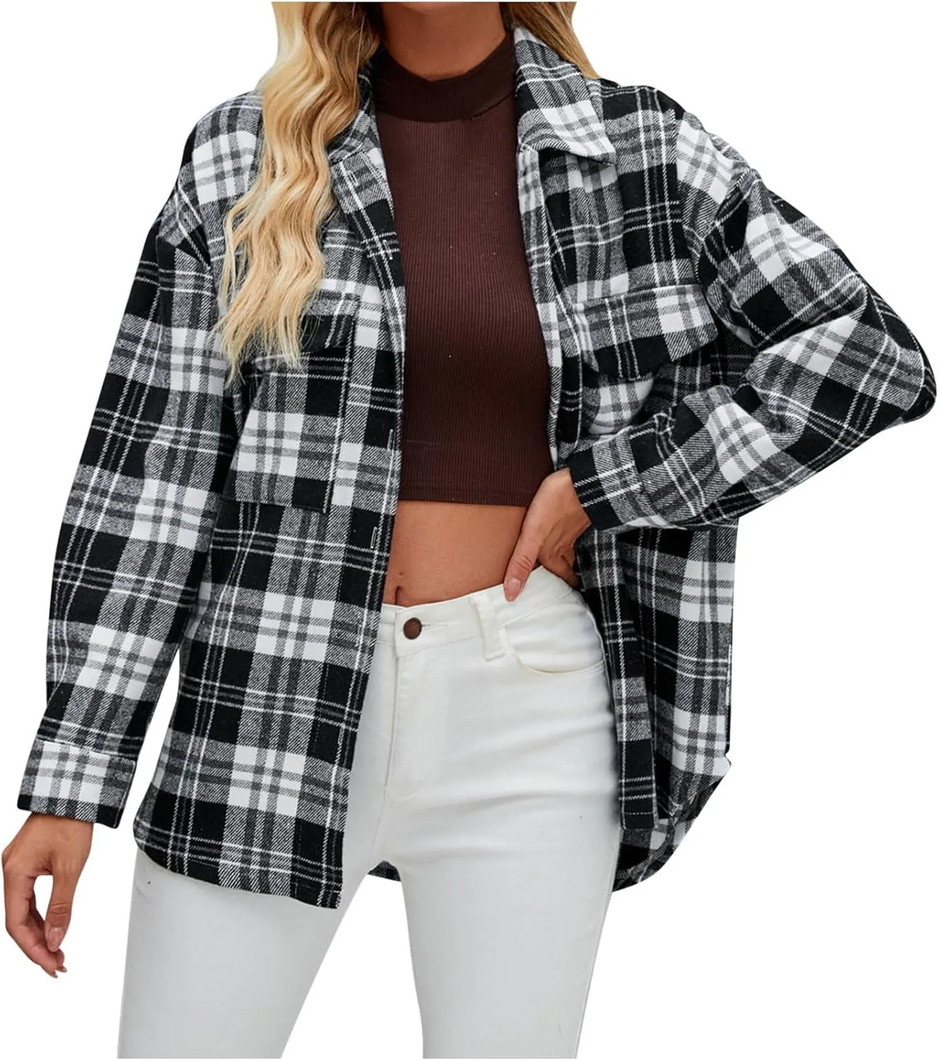 Womens Fashion Plaid Shacket Button Down Long Sleeve Shirts Casual Loose Fit Jacket Womens Tops Spring Fall Outfits
